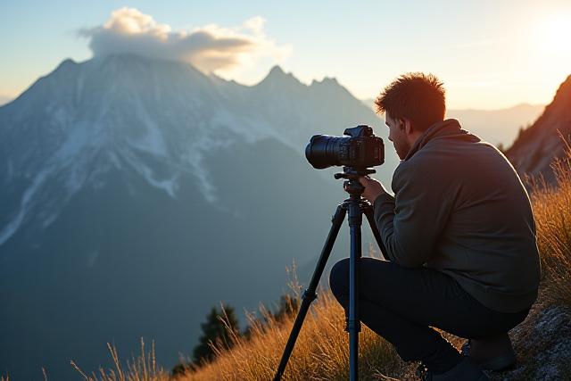 Naturfotograf mit Stativ vor Bergpanorama