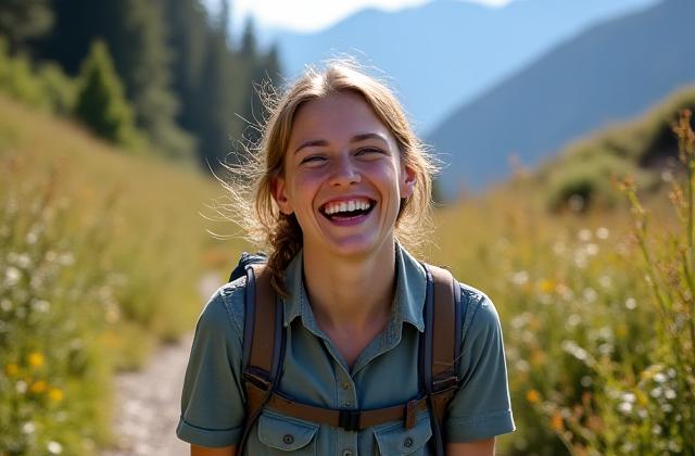 Lena, eine junge und begeisterte Bergführerin, lachend auf einem Trail